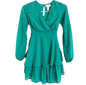 Jessica Simpson Long Sleeve Flowy Ruffle SwissDot Dress Sz.M Green Cottagecore